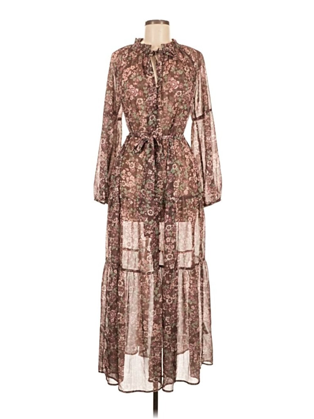Greylin Floral Tiered Chiffon Midi Dress Split Neck Tie Belt Boho Size M - Picture 3 of 8